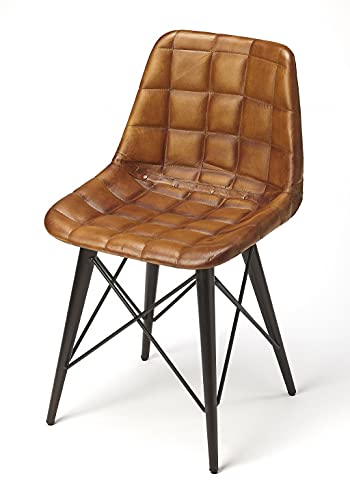 HomeRoots Medium Brown Iron; Black Finish, Leather, Plastic Stitched Squares Brown Leather Dining Chair