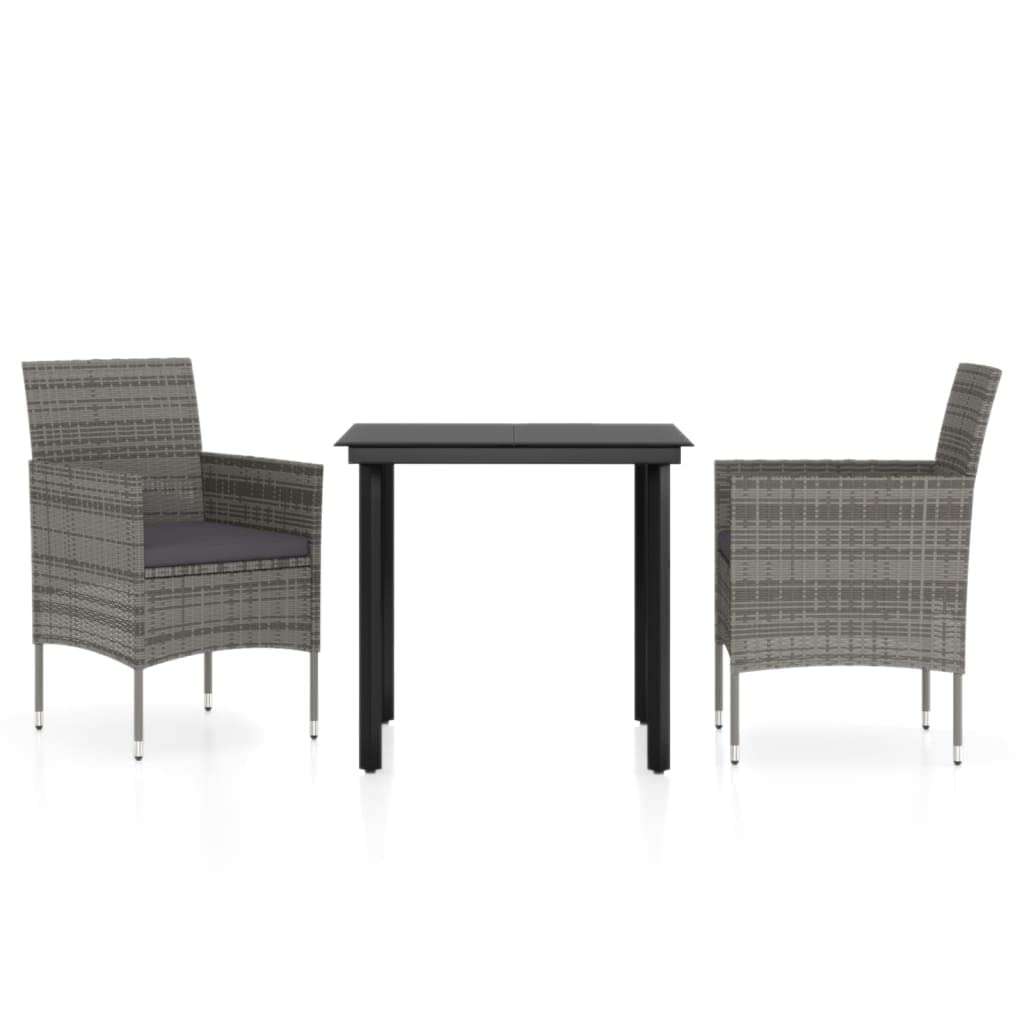vidaXL 3-Piece Patio Dining Set with Cushions - Rattan Finish, Glass Tabletop, Powder-Coated Steel Frame - Gray & Black.