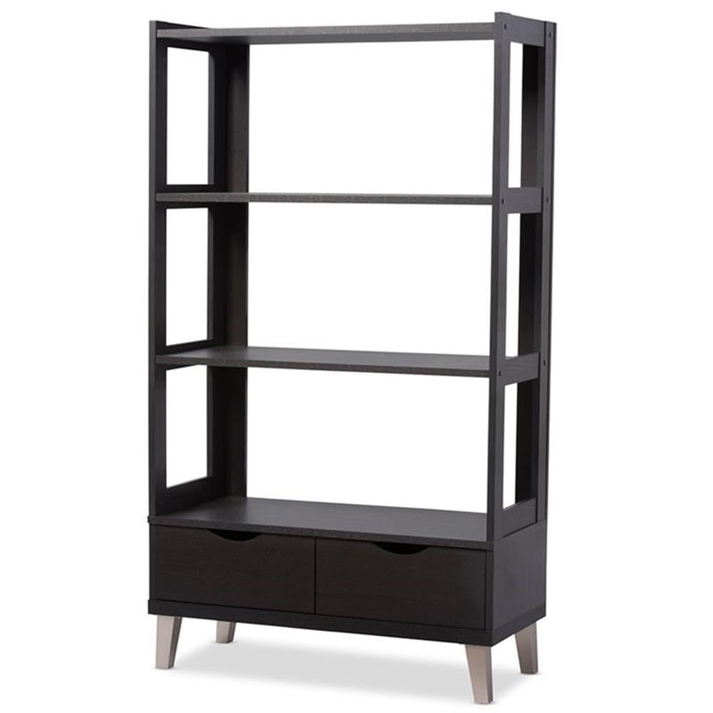 Baxton Studio Kalien Modern & Contemporary Wood Bookcase with Display Shelves & Two Drawers, Dark Brown