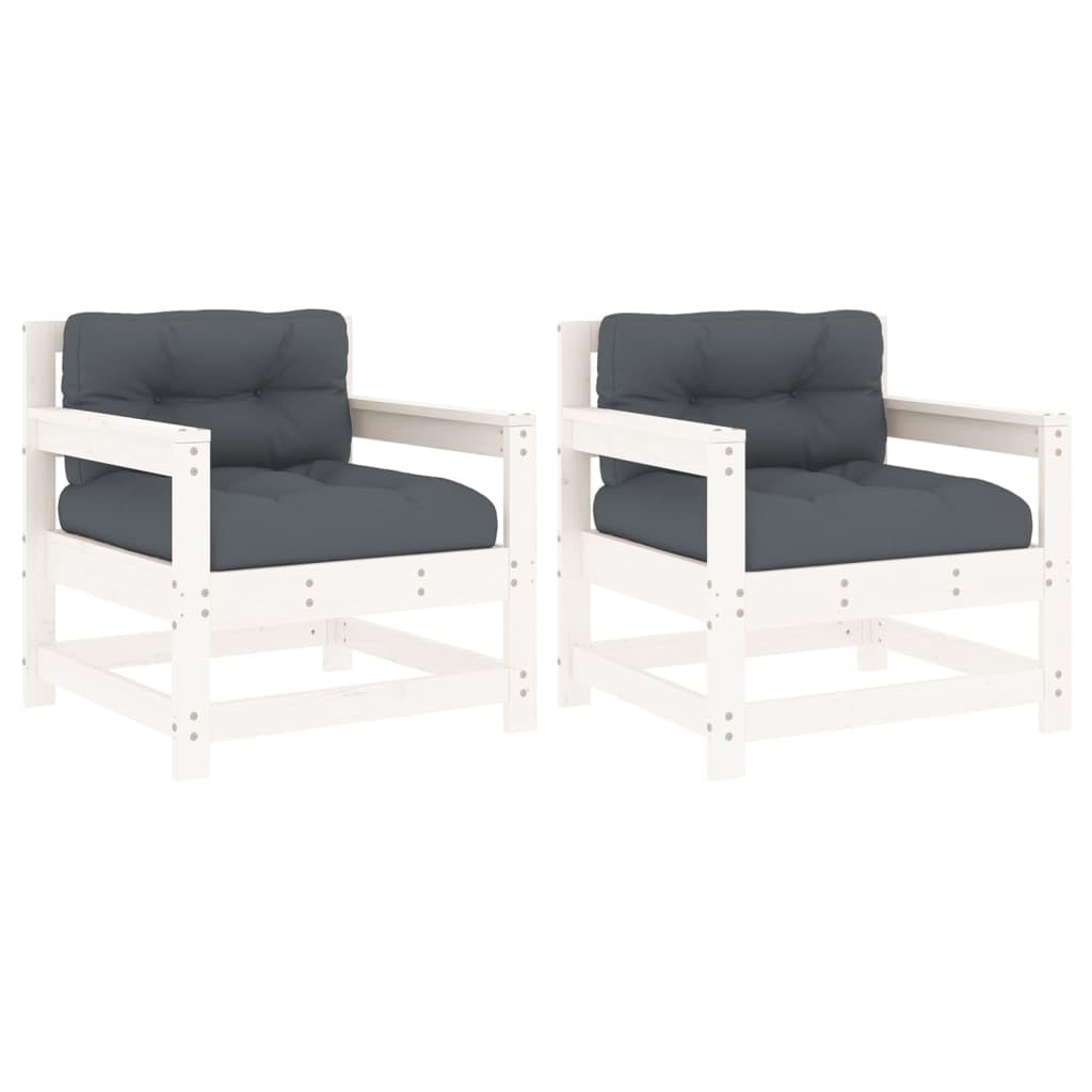 vidaXL Solid Wood Pine Patio Chairs with Cushions - 2 pcs Set, White - Comfortable, Sturdy & Modular Outdoor Seating Ideal for Garden, Patio, Terrace