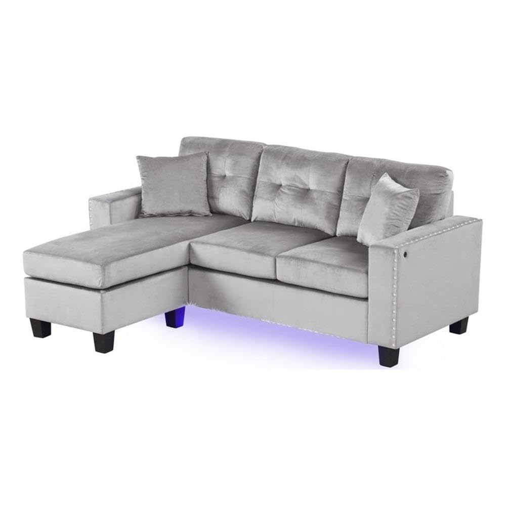 Sorenza 74" W Gray Velvet Reversible Sectional Sofa Chaise with LED Light, USB Port, Nailhead Trim, Throw Pillows, Tufted Cushion