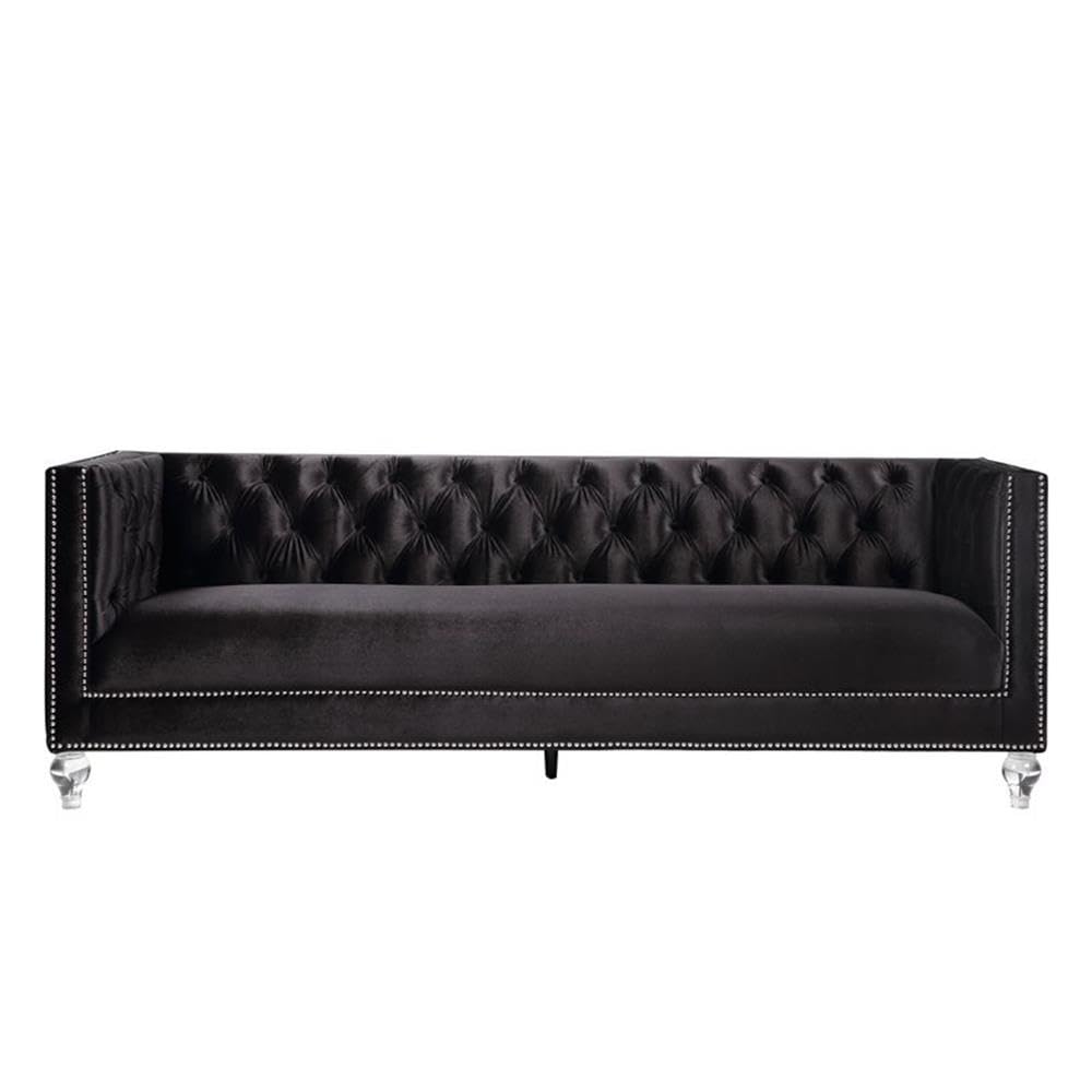 Acme Heibero Button Tufted Velvet Upholstery Sofa with Nailhead Trim in Black