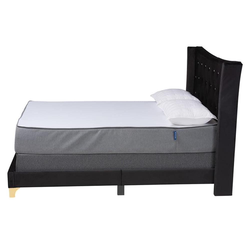 Baxton Studio Easton Black Velvet and Gold Metal Queen Size Panel Bed