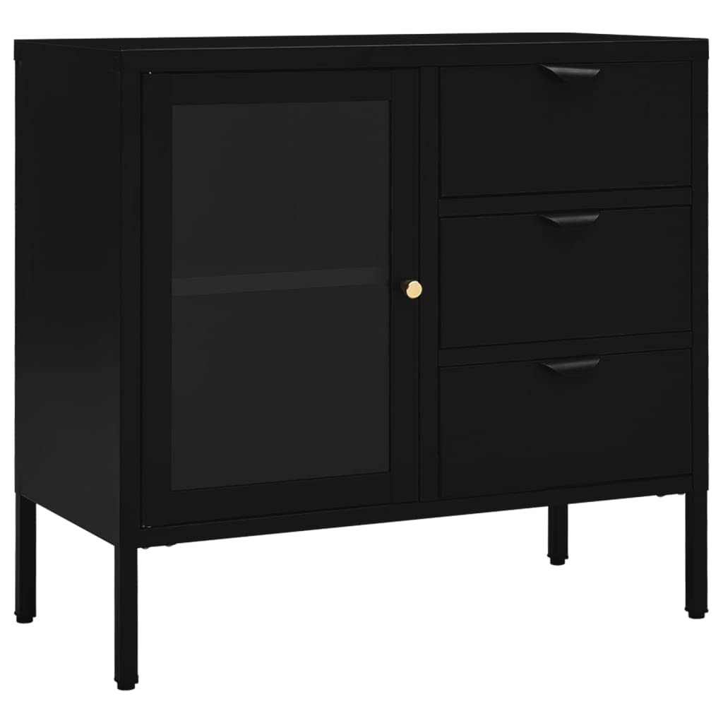 vidaXL Black Sideboard with Adjustable Shelf and Three Drawers - Modern Design Steel and Tempered Glass Multifunctional Storage Unit