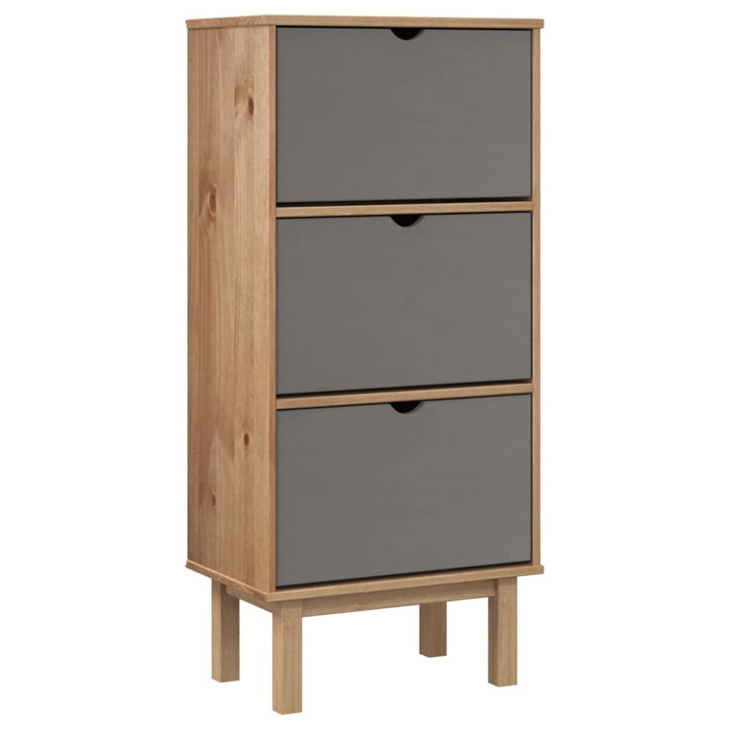 vidaXL Scandinavian Brown&Gray Shoe Cabinet - Solid Pine Wood with Sturdy Frame - OTTA Model with 3 Flip-Drawers - Additional Display Space on Top