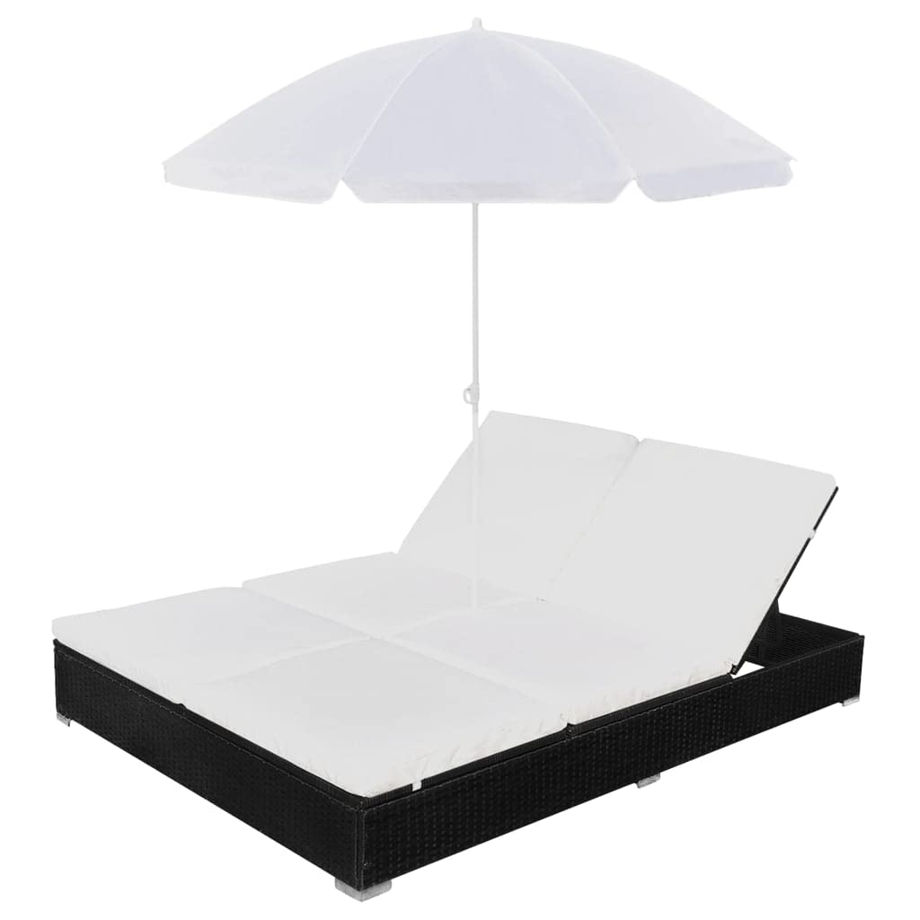 vidaXL Double Patio Lounge Bed - Weather-Resistant and Waterproof Poly Rattan Outdoor Sun Lounger with Umbrella and Adjustable Positions for Comfort - Black