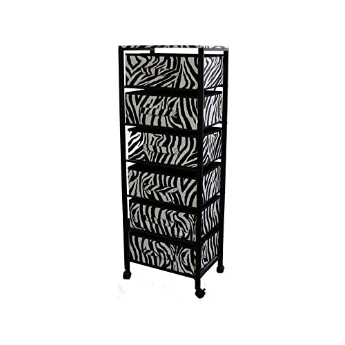 HomeRoots Black/White Metal/Fabric Zebra Black and White Rolling Six Drawer Tower Organizer