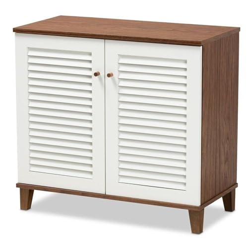 Baxton Studio Coolidge Modern And Contemporary White And Walnut Finished 4-Shelf Wood Shoe Storage Cabinet