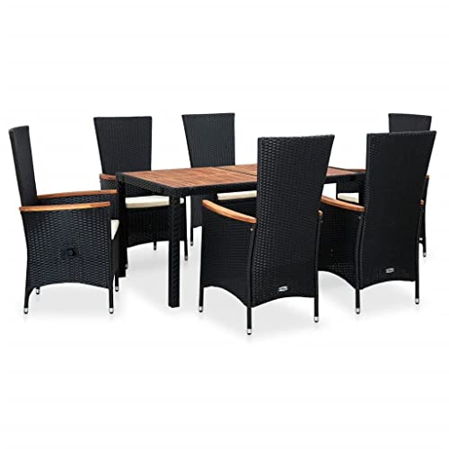 7 Piece Patio Dining Set Poly Rattan Acacia Wood Black