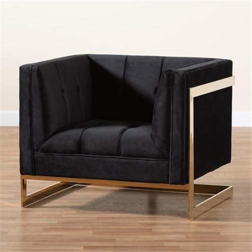 Baxton Studio Ambra Black Velvet and Button Tufted Armchair with Gold-Tone Frame