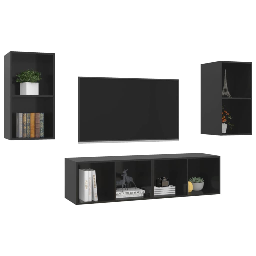 vidaXL Modern Wall-Mounted TV Stands in High Gloss Black, Engineered Wood, Set of 4, Home Storage and Display Cabinets