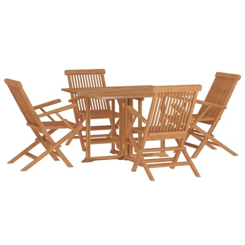 vidaXL 5-Piece Outdoor Patio Dining Set/Solid and Weather-Resistant Teak Wood Construction/Folding Table and Chairs/Easy Storage/Enhance Your Al Fresco Dining Experience