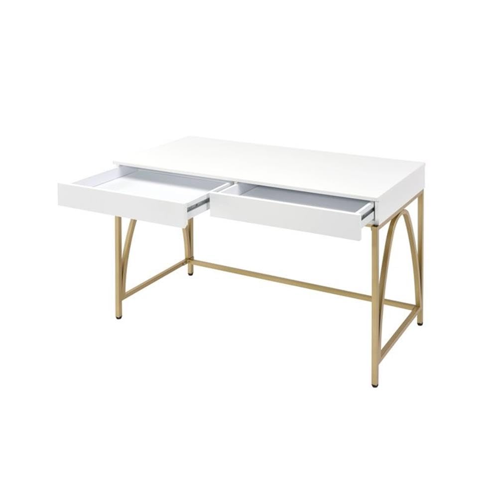 Acme Lightmane 2-Drawer Vanity Desk with Metal Legs in White High Gloss and Gold