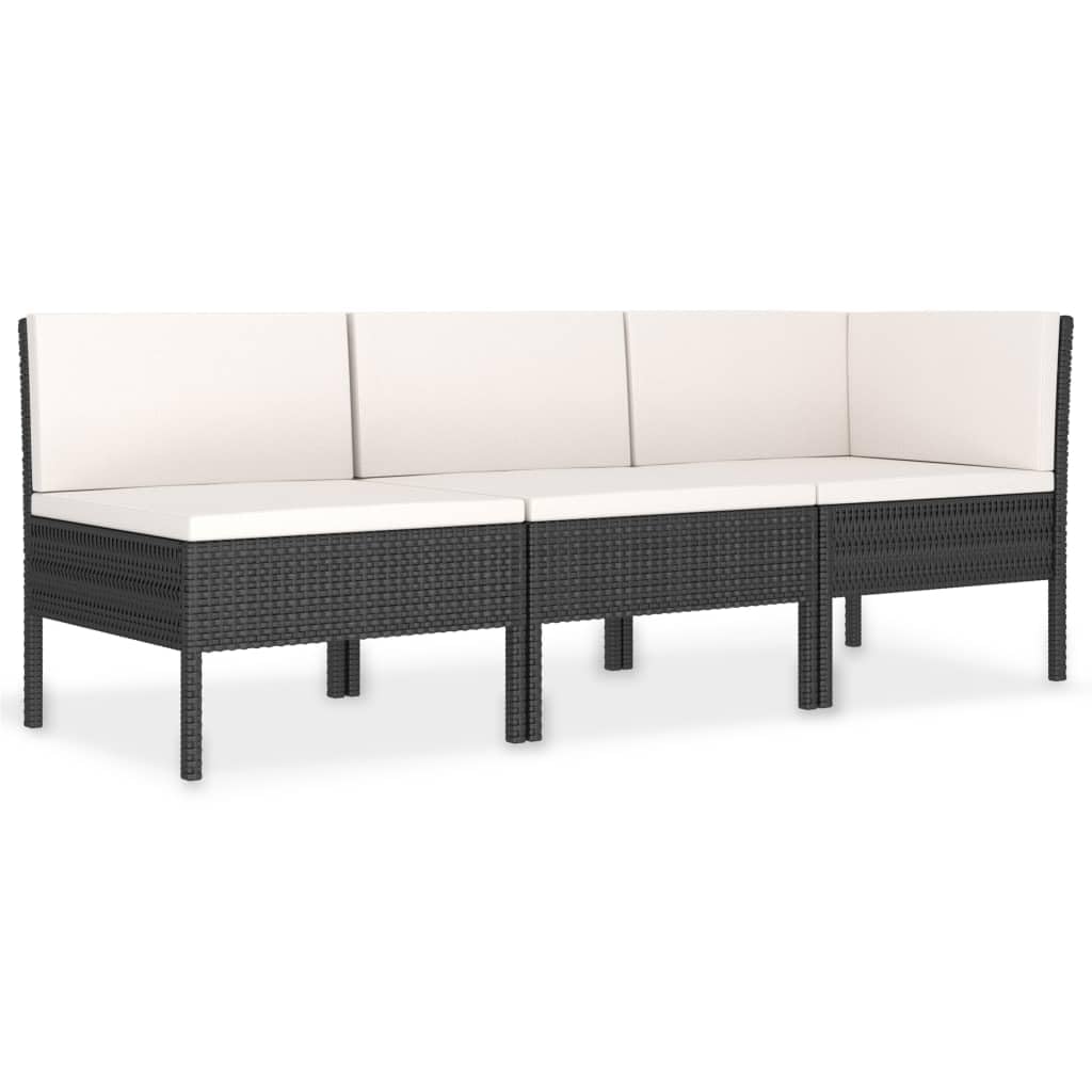 vidaXL Black Poly Rattan Outdoor Lounge Set of 3: Weather-Resistant Patio Furniture with Cushions - Modular Design for Versatile Placement.