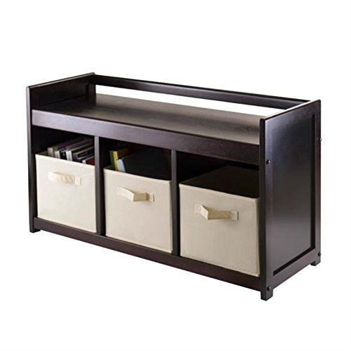 Ergode Wood Addison 4-Piece Storage Bench Set with 3 Beige Baskets - Organize and Enhance Your Home - Solid Wood Construction - Espresso Finish - Easy Assembly - 37.4' W x 13.3' D x 20.8' H