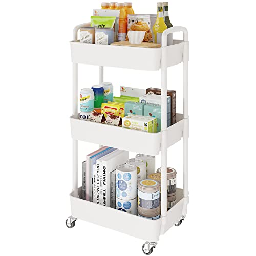 Laiensia 3-Tier Storage Cart,Multifunction Utility Rolling Cart Kitchen Storage Organizer,Mobile Shelving Unit Cart With Lockabl