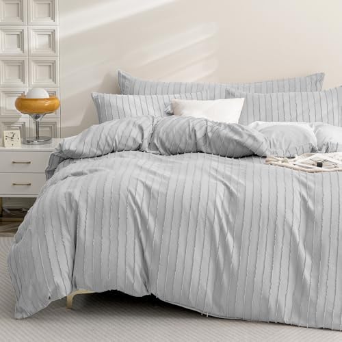 Jellymoni Light Gray Duvet Cover King Size - 3Pcs Microfiber Tufted Duvet Cover Set, Boho Striped Tufted Textured Duvet Cover Wi