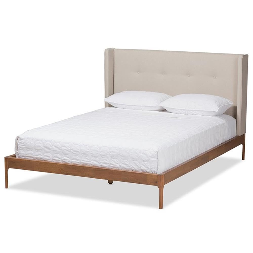 Baxton Studio Brooklyn Queen Size Platform Bed Mid-Century/Light Beige/Fabric Polyester 100%'/MDF/LVL/Rubber Wood/Foam/