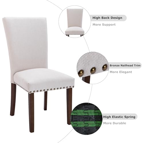 COLAMY Parsons Dining Chairs Set of 2, Upholstered Fabric Side Chair with Nailhead Trim, Wood Legs - Beige, A420-Light Grey