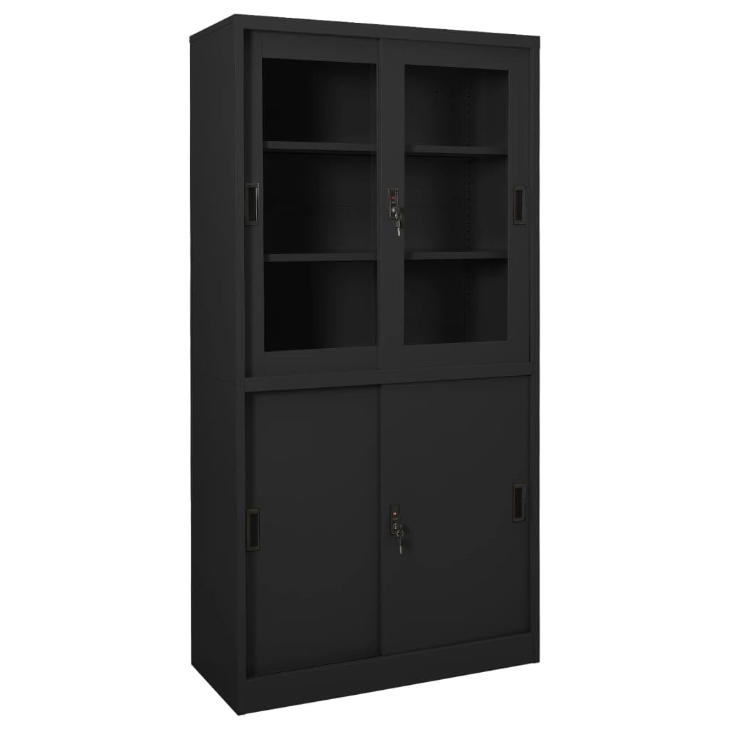 vidaXL Steel Office Cabinet with Tempered Glass and Sliding Doors, 35.4x15.7x70.9, 3 Adjustable Shelves, Lockable, Anthracite