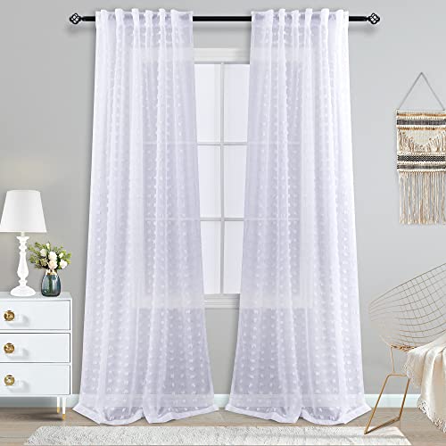 White Sheer Curtains 90 Inch Length For Bedroom 2 Panels Set Aesthetic,Textured Ruffle Pearl Pom Pom Curtains 90 Inches Long,Back Tab Shabby Chic Boho Curtain For Living Room,Patio Sliding Glass Door