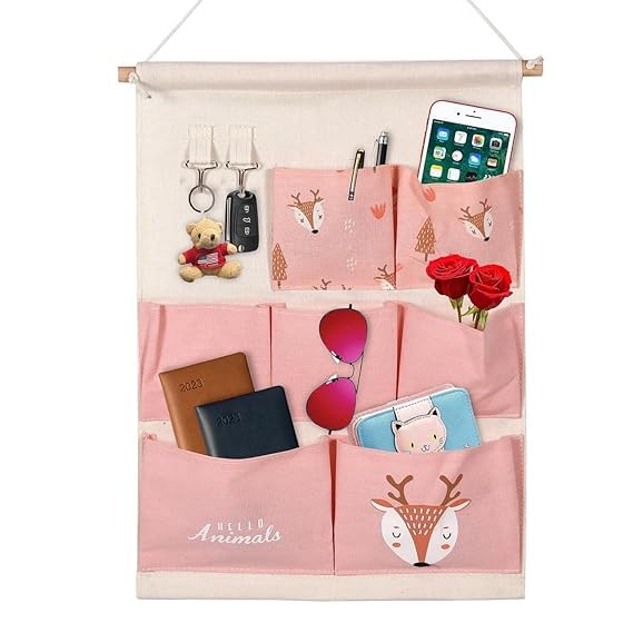 Jigva 7 Pocket Wall Hanging Storage Bag With 2 Hook Cotton Linen Hanging Pockets Organizer Wall Decoration Door Closet Hanging B