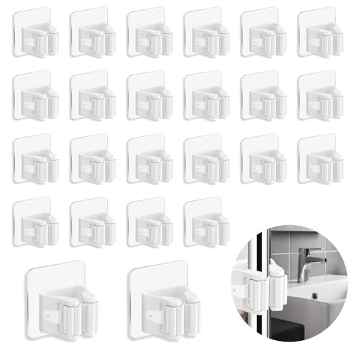 3-H 24-Pack Self Adhesive Broom Holder Wall Mount - Heavy Duty No Drill Broom Organizer for Garage Closet Kitchen, Plastic Stora