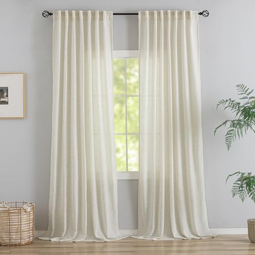 120 Inches Extra Long Linen Curtains Living Room,1 Pair Back Tab Neutral Farmhouse Light Filtering Semi Sheer Boho Linen Curtains,Floor To Ceiling Large Window Patio Sliding Door 10 Feet Drapery,Cream