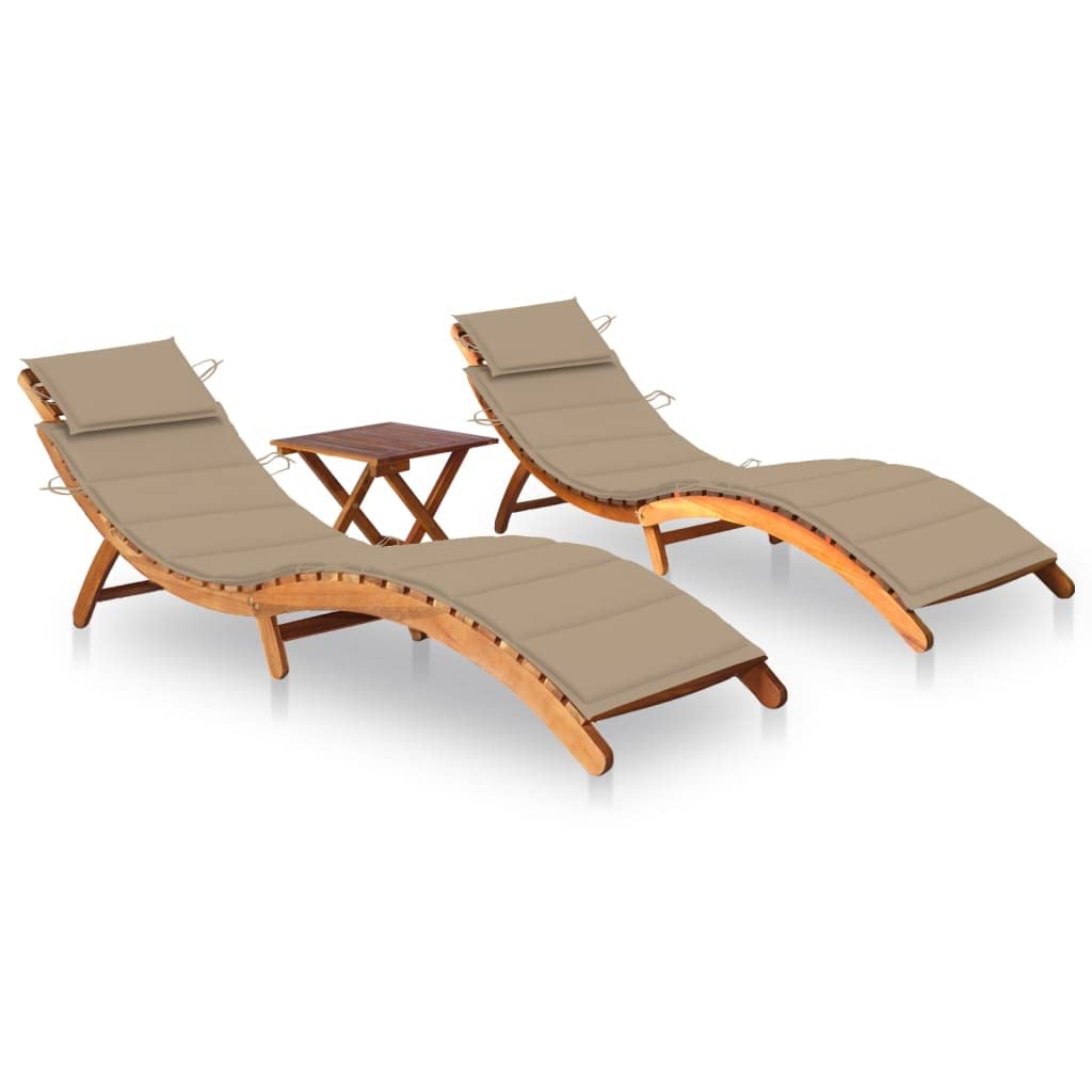 vidaXL Acacia Wood Patio Sun Lounger Set - 2 Solid Wood Recliners, Folding Chairs with Cushions & Side Table for Outdoor/Indoor,