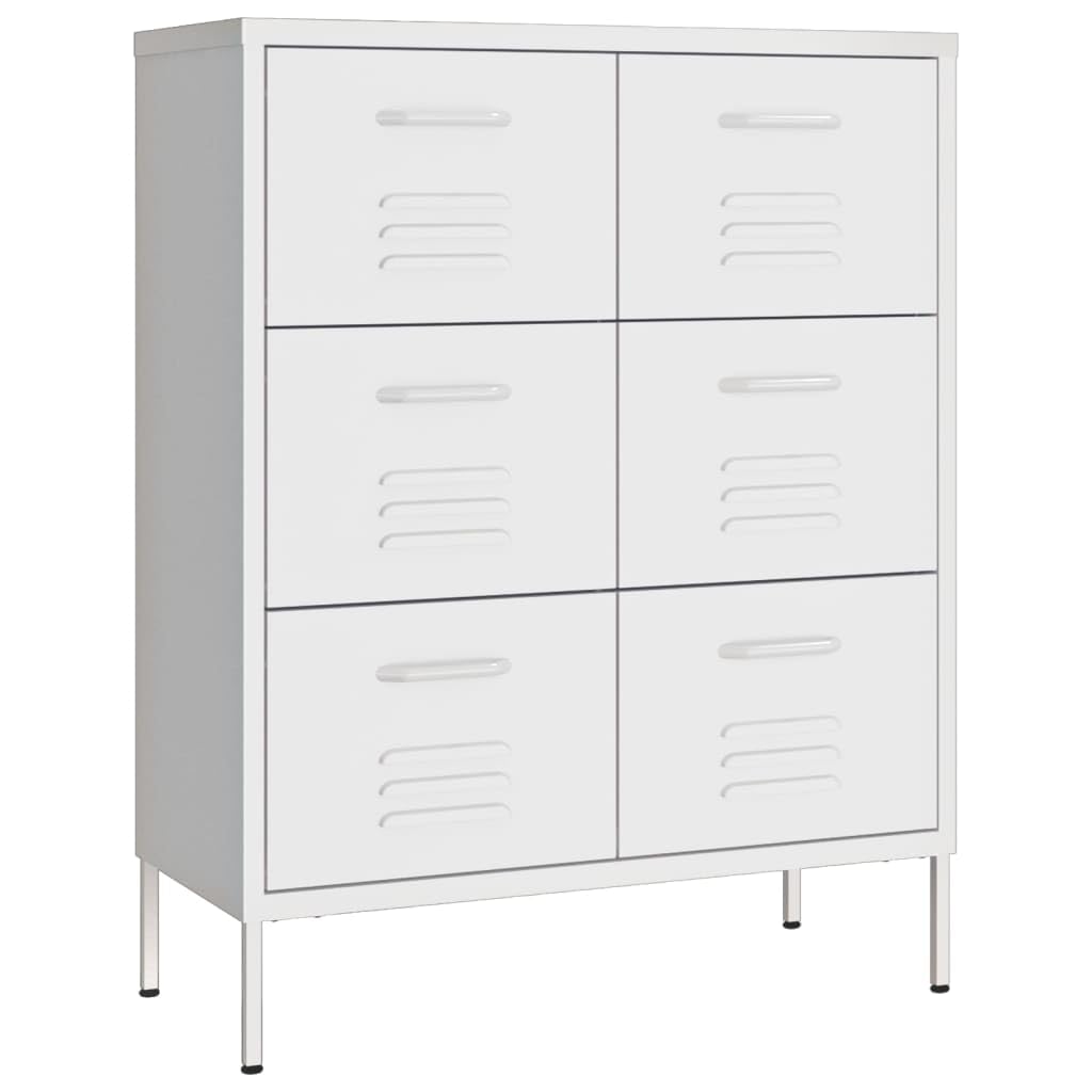 vidaXL 6-Drawer Steel Cabinet with Ball Bearing Runners - White, 31.5"x13.8"x40" - Spacious 3-Section Drawers