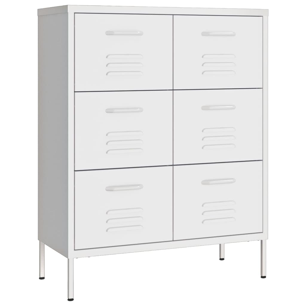 vidaXL 6-Drawer Steel Cabinet with Ball Bearing Runners - White, 31.5&quot;x13.8&quot;x40&quot; - Spacious 3-Section Drawers