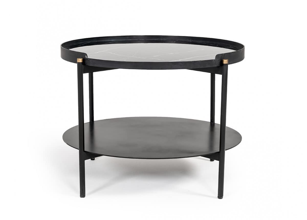 HomeRoots Modern Black Marble Painted Round Metal Coffee Table