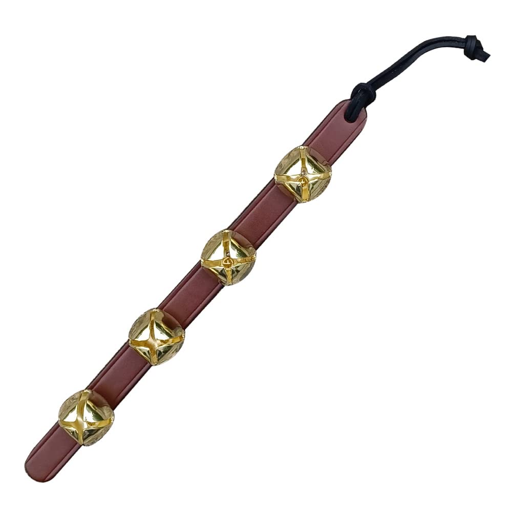 RRD Hanging Sleigh Bells for Door - Shopkeepers Bell Over The Door - 4 Brass Door Hanging Bell on Brown Leather Strap - Multi-Pu