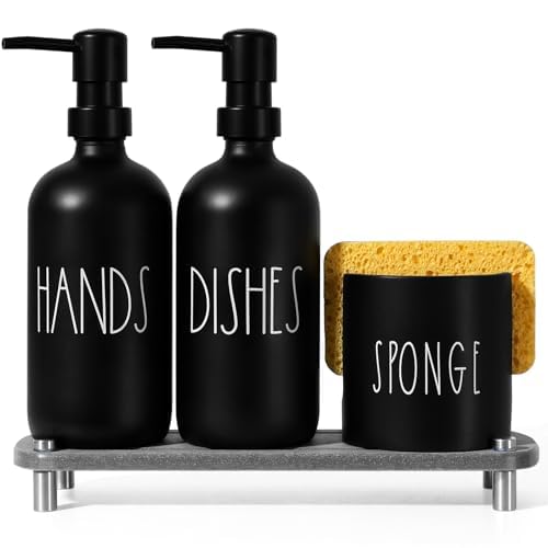TOLDATLI Hand and Dish Soap Dispenser Set, Kitchen Soap Dispenser Set with Sponge Holder, Black Glass Dish Soap Dispenser for Ki