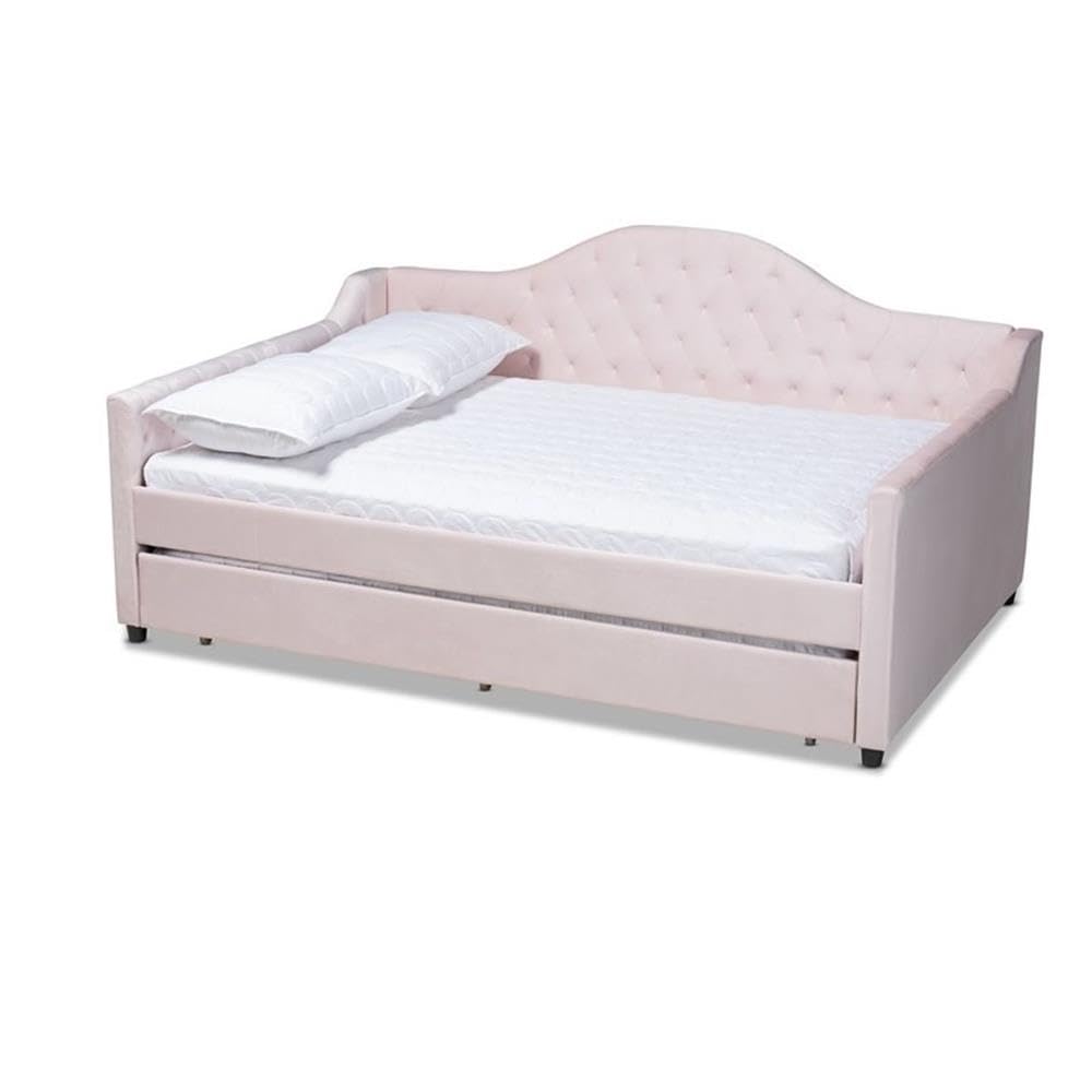 Baxton Studio Perry Modern and Contemporary Light Pink Velvet Fabric Upholstered and Button Tufted Full Size Daybed with Trundle