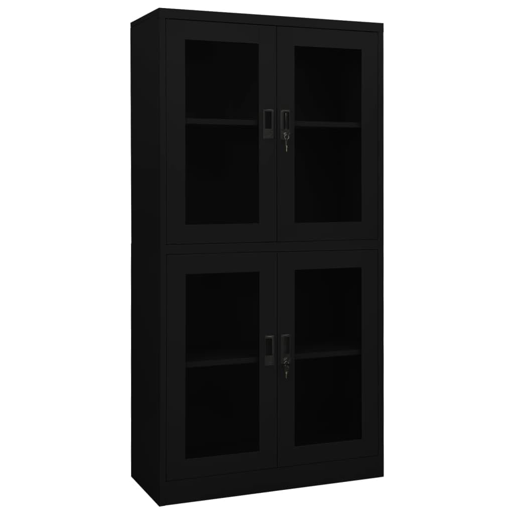 vidaXL Sturdy and Durable Office Cabinet - Tempered Glass and Black Steel - 35.4&quot;x15.7&quot;x70.9&quot; - Lockable Doors - 2 Adjustable Shelves