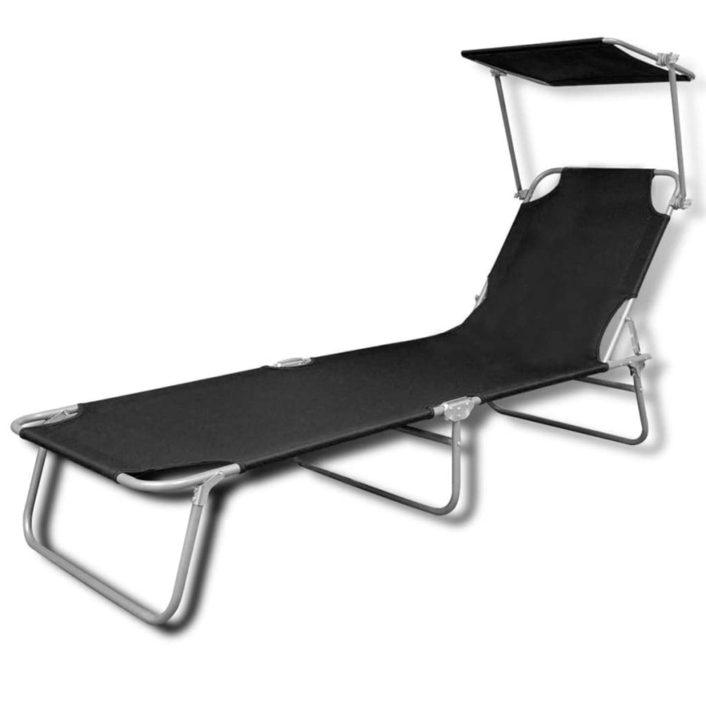 vidaXL Folding Sun Lounger with Canopy - Adjustable Backrest and Canopy, Weatherproof Steel Frame, Easy Storage and Transport, Black Fabric, Maximum Load 264.6 lbs