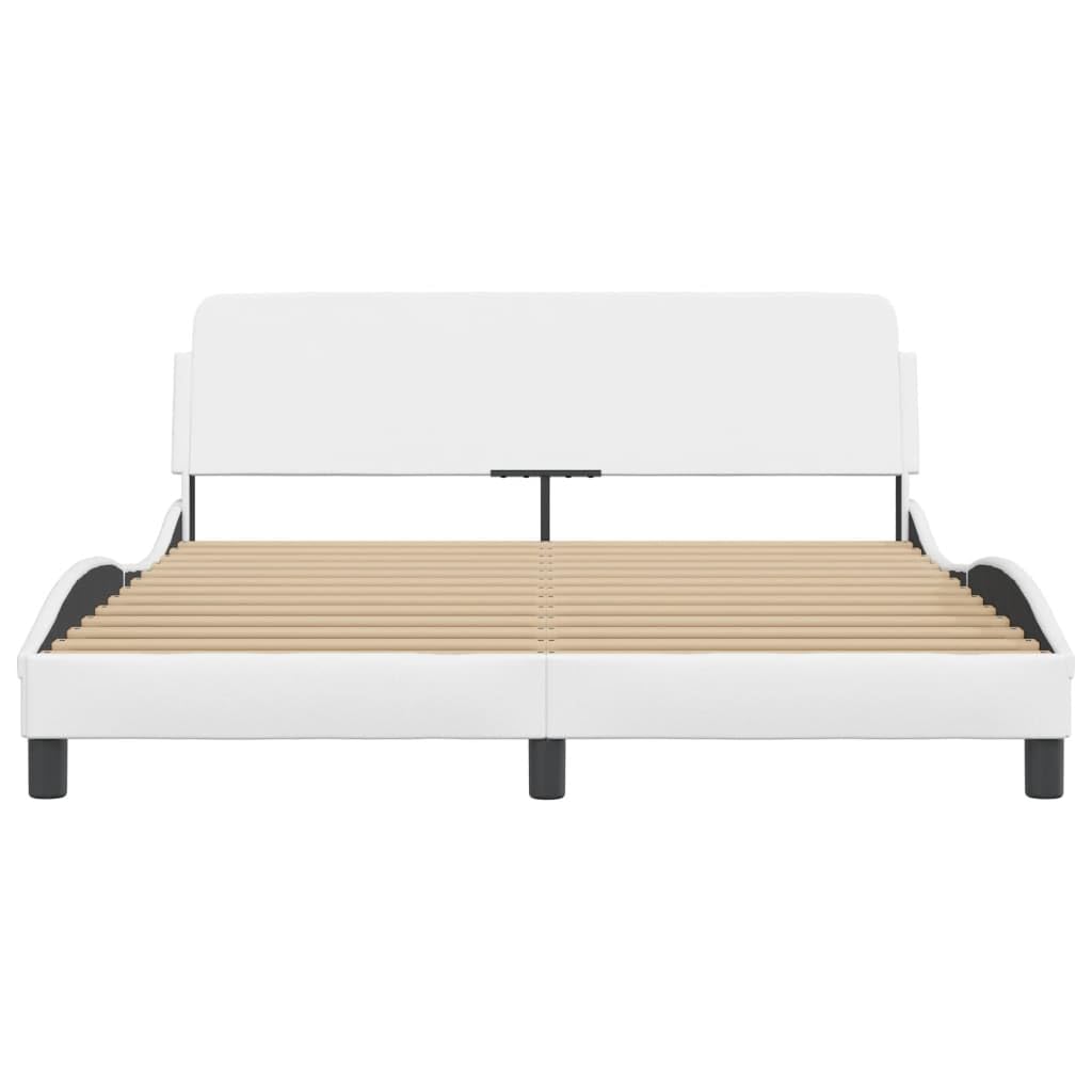 vidaXL White Faux Leather Double Bed Frame with Headboard - 59.8"x79.9" - Modern Waved Side Design, Sturdy Legs, Plywood Slats