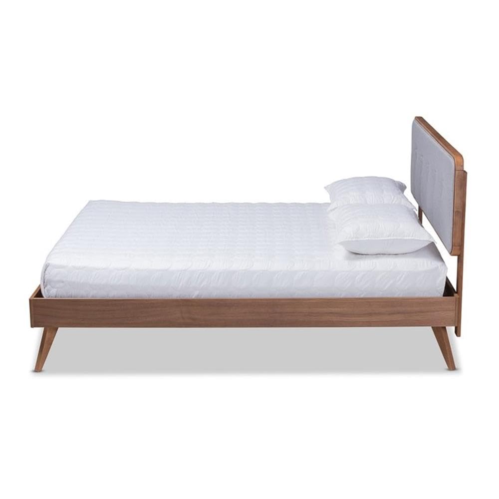 Baxton Studio Dilara Mid-Century Modern Light Grey Fabric Upholstered Walnut Brown Finished Wood Queen Size Platform Bed