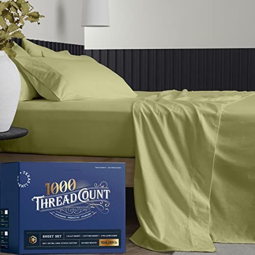 Texas Linen Co. Cotton Bed Sheets (Queen, 1000 Thread Count) Sage Green Sheets And Pillow Cases Set (4 Pc) - Cotton Sheets Queen