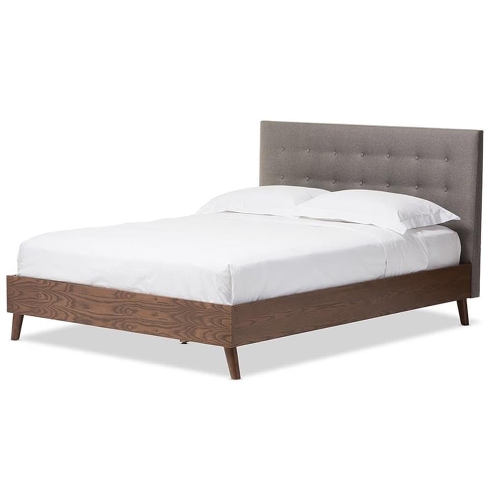 Baxton Studio Alinia Mid-Century Retro Modern Fabric Upholstered Walnut Wood Platform Bed, Full, Grey