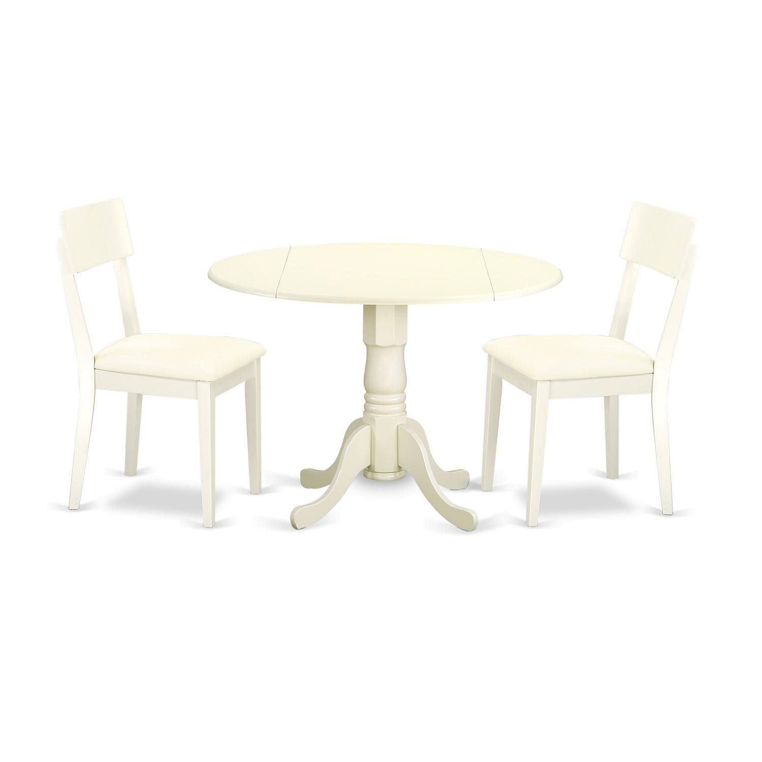 East West Furniture Dlad3-Lwh-Lc 3 Piece Dining Room Furniture Set Contains A Round Dining Table With Dropleaf And 2 Faux Leather Upholstered Chairs, 42X42 Inch, Linen White