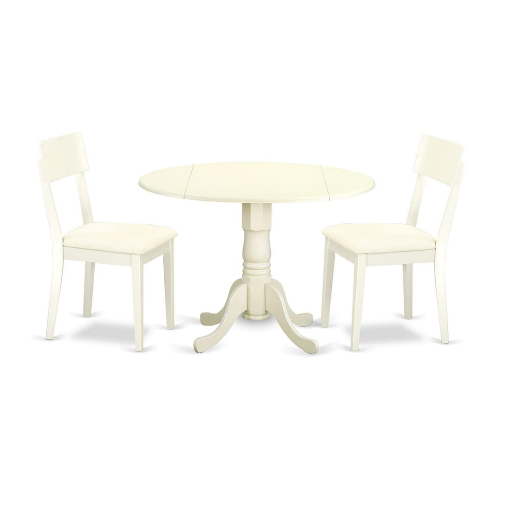 East West Furniture Dlad3-Lwh-Lc 3 Piece Dining Room Furniture Set Contains A Round Dining Table With Dropleaf And 2 Faux Leather Upholstered Chairs, 42X42 Inch, Linen White