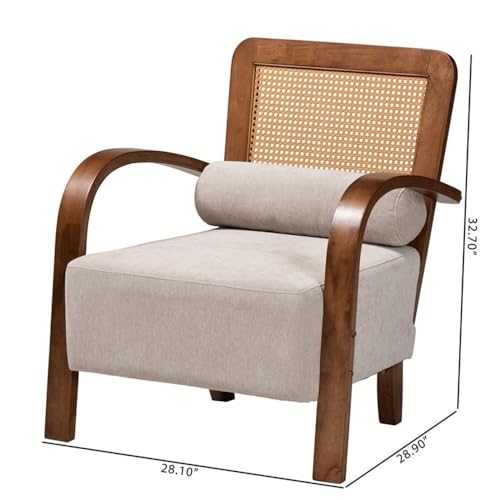 Baxton Studio Sage Modern Japandi Light Grey Fabric And Walnut Brown Finished Wood Arm Chair With Woven Rattan