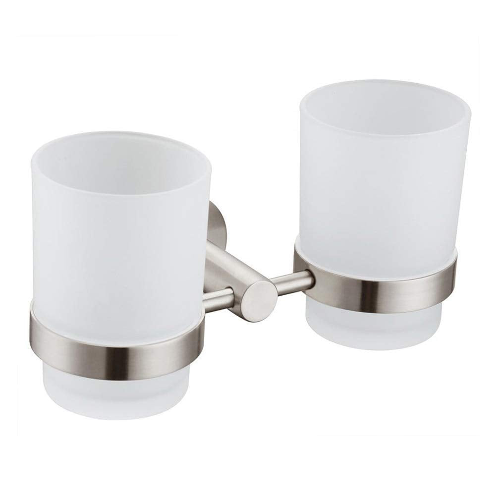 Double Toothbrush Holder, Angle Simple SUS304 Stainless Steel Wall Mounted Glass Tumbler Holder with Frosted Glass Cup Toothpast