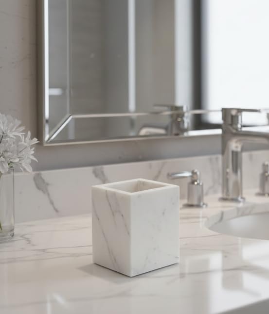 4x3 Inch Marble Tooth Brush Holder  Tooth Paste Dispenser Stand for Bathroom, Wash Basin, Office, Home Use  White