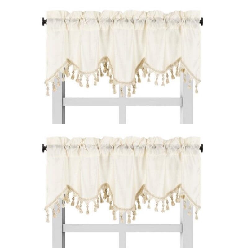 Solid Faux Silk Swag Waterfall Cascade Ascot Window Curtain Valance W/Tassels Trim 55' X18' Wave (2, Ivory Beige)