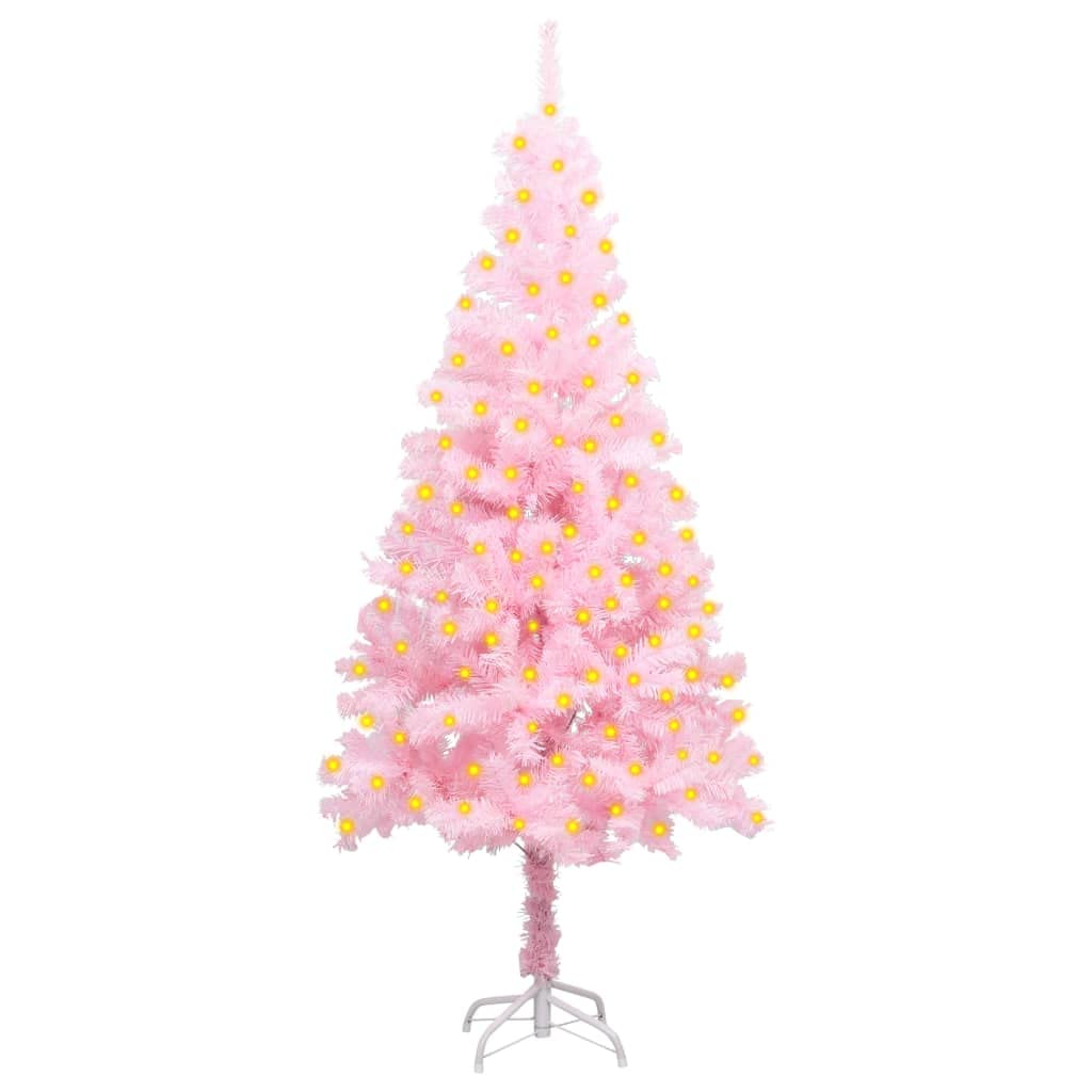 vidaXL Pink Artificial Pre-lit Christmas Tree - 59.1&quot; Xmas Decoration with Stand, 150 LED Lights, PVC Material, 29.5&quot; Diameter