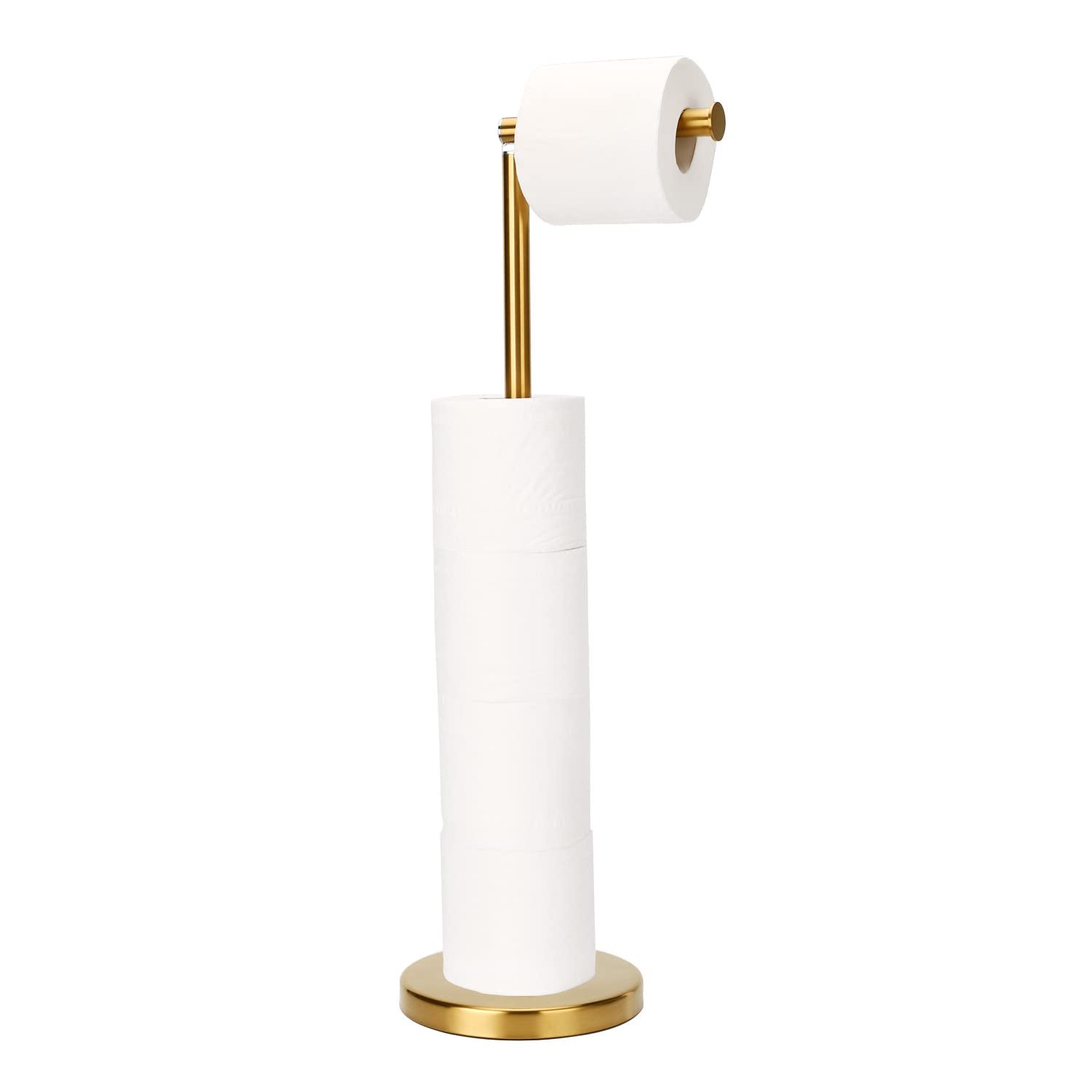 Toilet Paper Holder Gold, Freestanding Toilet Paper Holder Stand with Reserve for 4 Spare Rolls, Sturdy Base, Toilet Tissue Pape