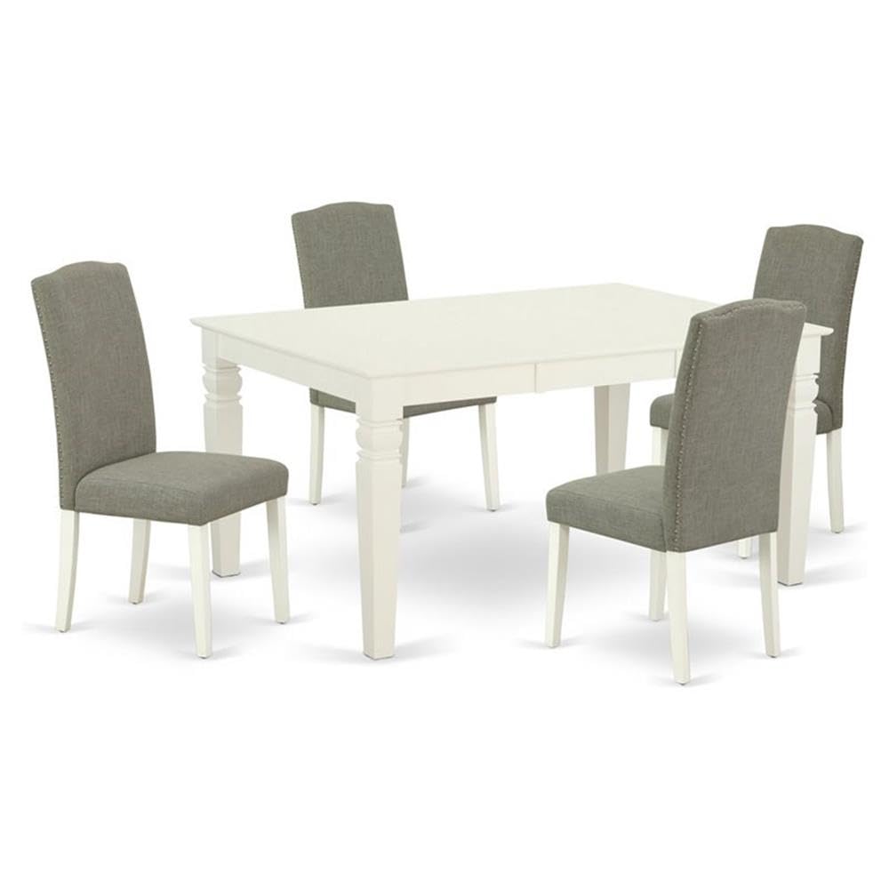East West Furniture Ween5-Lwh-06 5 Piece Dining Room Table Set Includes A Rectangle Kitchen Table With Butterfly Leaf And 4 Dark Shitake Linen Fabric Parson Chairs, 42X60 Inch, Linen White